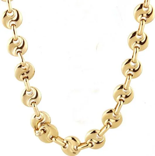 Xmas Semester Gifts Pure Rostfritt Stål Mäns Kvinnor Halsband Kaffe Bean Design Chain Link High Polished Gold Tone för Smycken 10mm 22 tum