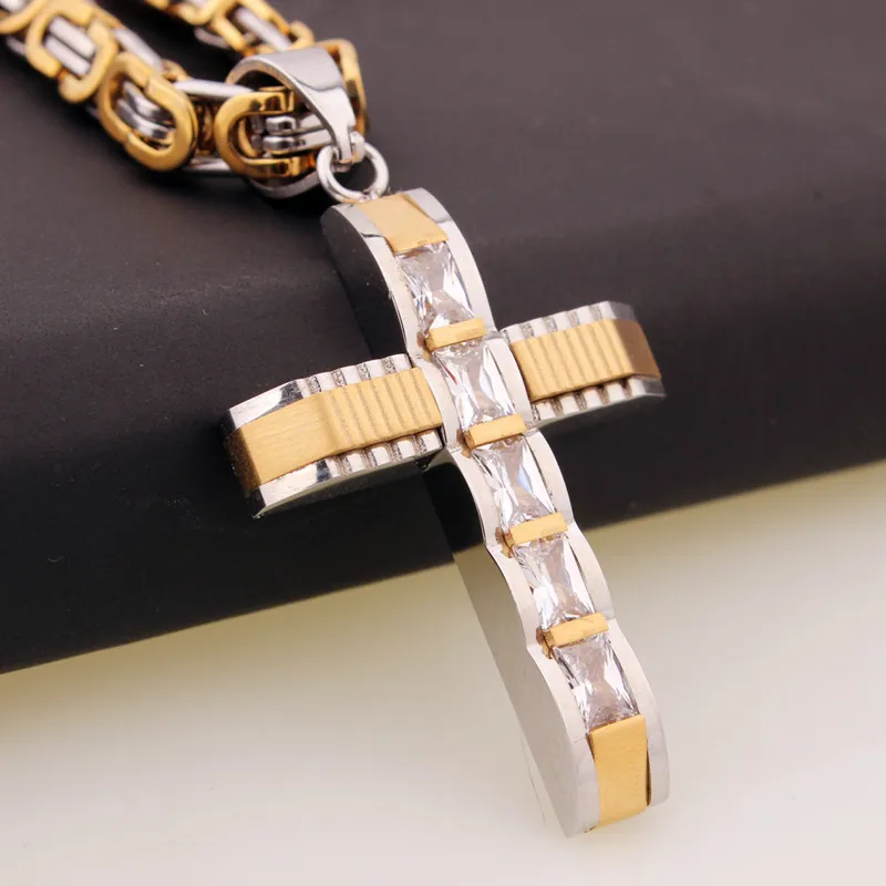 316L Stainless Steel Fashion Jewlery Byzantine Box Link Chain Necklace Cross Pendants For Men Women Hip Hop Accessories