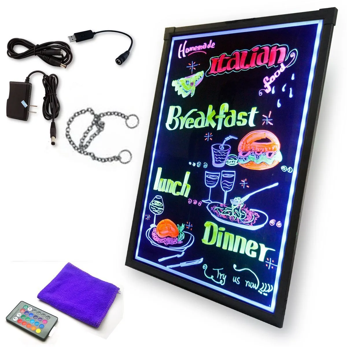 Lighting LED Writing Message Board Illuminated Erasable Neon Effect Restaurant Menu Sign with 8 Markers, Flashing DIY