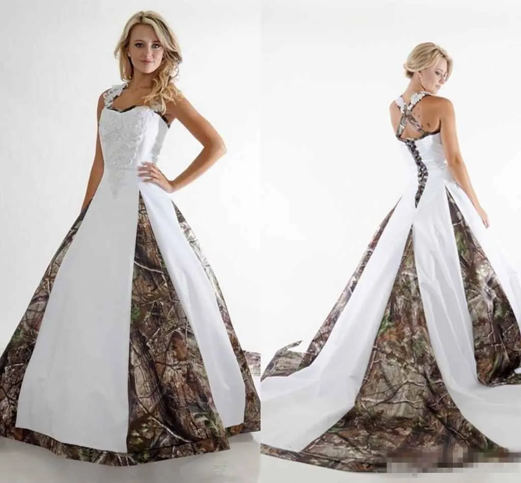 Vintage Camo Princess Suknie Ślubne Spaghetti Aplikacje Line Sweep Pociąg Eleganckie Kraj Suknie Ślubne do Ogrodu Kraj Cańszy