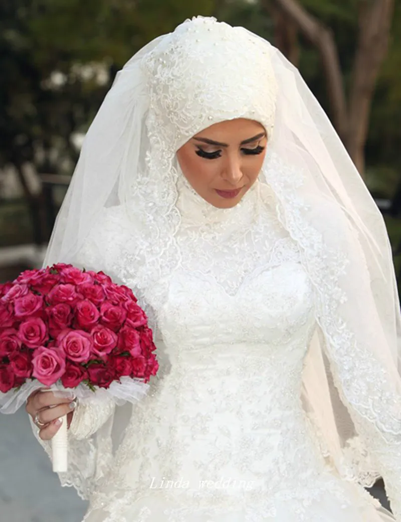 High Quality Elegant Arabic Muslim Long Full Sleeves Wedding Dress Turkish Islamic Applique Lace Women Bridal Party Dress Plus Size