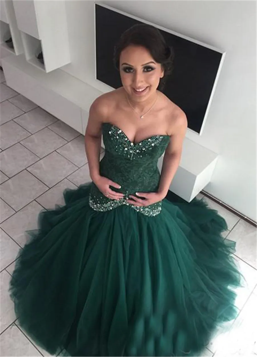 Dark-Green Sweetheart Glamorous Mermaid Lace Evening Dress Crystals Tulle Long Prom Dress vestido formatura vestidos largos de fiesta