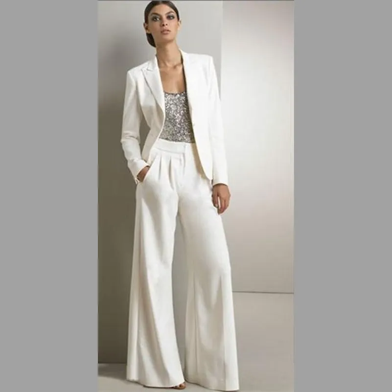 Modern vit tre bitar Mor till bruden byxa passar för silver Sequined bröllop Gästklänning plus storlek klänningar med jackor