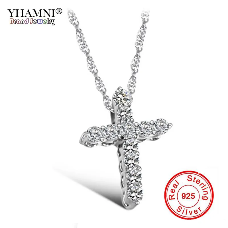 YHAMNI Luxury Original 925 Sterling Silver Cross Pendant Halsband Princess Luxury Diamond Halsband Pendant för damer och kvinnor N10