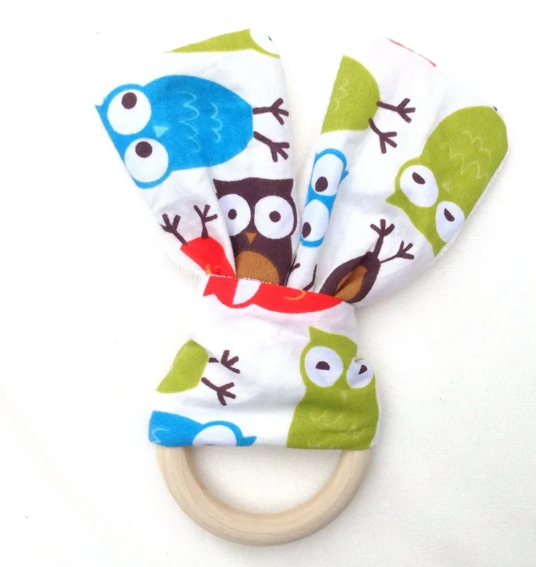 Spädbarn Baby Teethers Teething Ring Tänder Tyg och Trä Tand Training Crinkle Material Sensory Toy Natural Teether Ye001