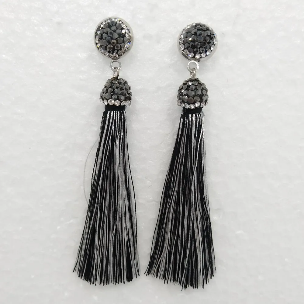 Brand New Long Tassel Dangle Earring with Black Rhinestone Elegant Women Fashion Jewelry 