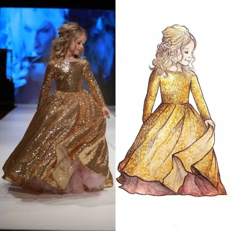Robes de concours de petites filles à paillettes d'or 2019 Sparkly Blingbling manches longues enfant vêtements de cérémonie robe de bal robes de filles de fleur pour264o