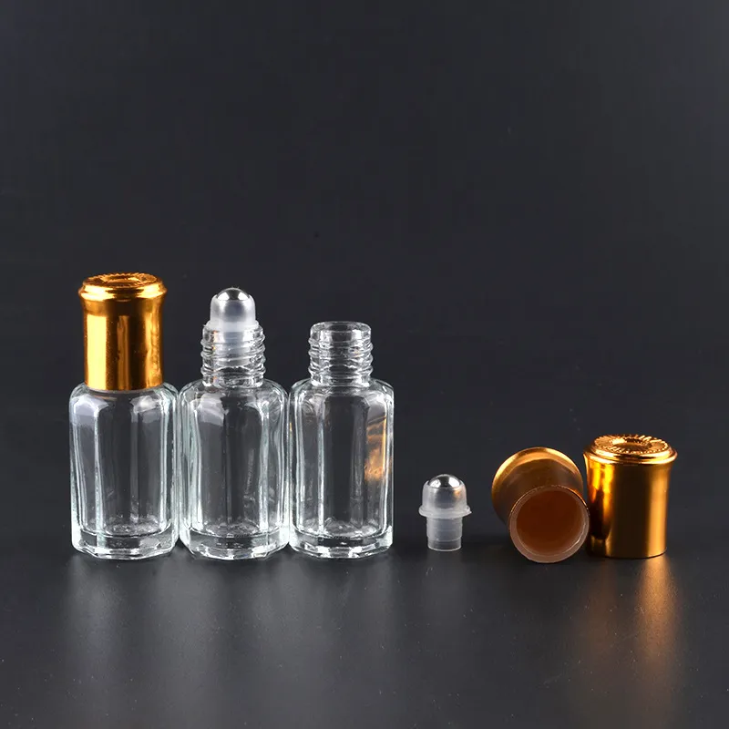 3ml 6ml 10ml åttkantigt glasflaskor med rulle på aromflaskor metallboll parfym eteriska oljepaketflaskor påfyllningsbart fall za1623