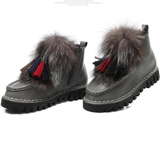 Botas de nieve de piel de zorro auténtica Natural para mujer, botines cortos de piel auténtica, botas de piel, zapatos de invierno de tacón plano de felpa para mujer