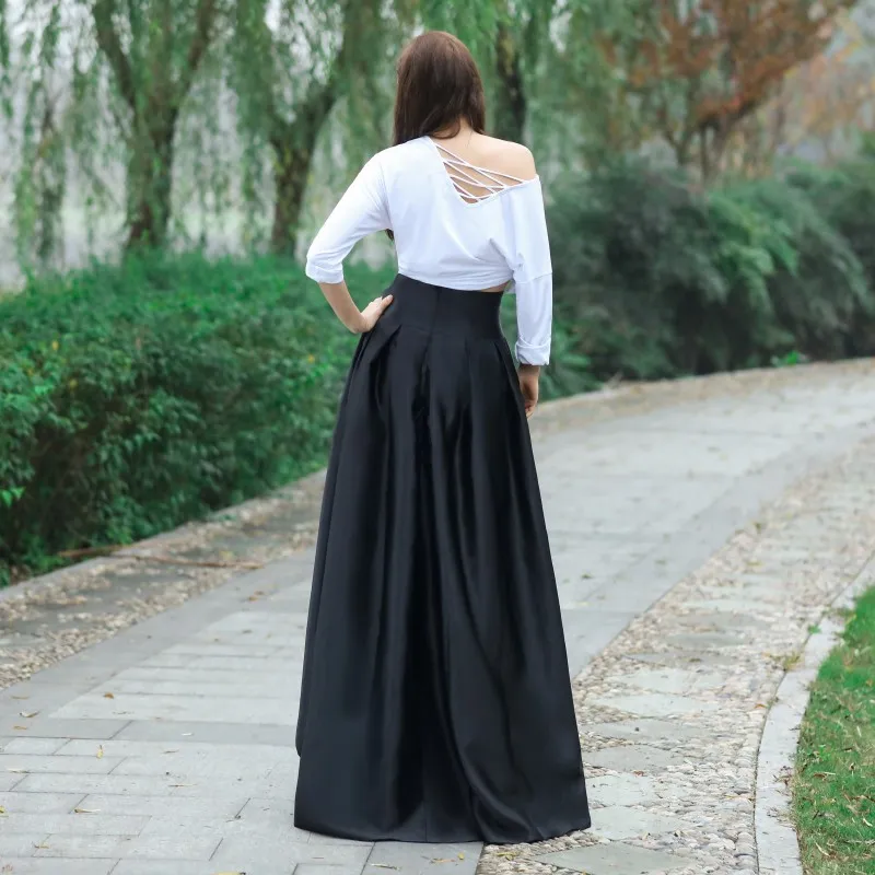 Preto de Alta Baixa Saia Com Arco Na Cintura Nova Moda Tafetá Babados Mulheres Saias Longas Barato Formal Vestido de Festa Frete Grátis