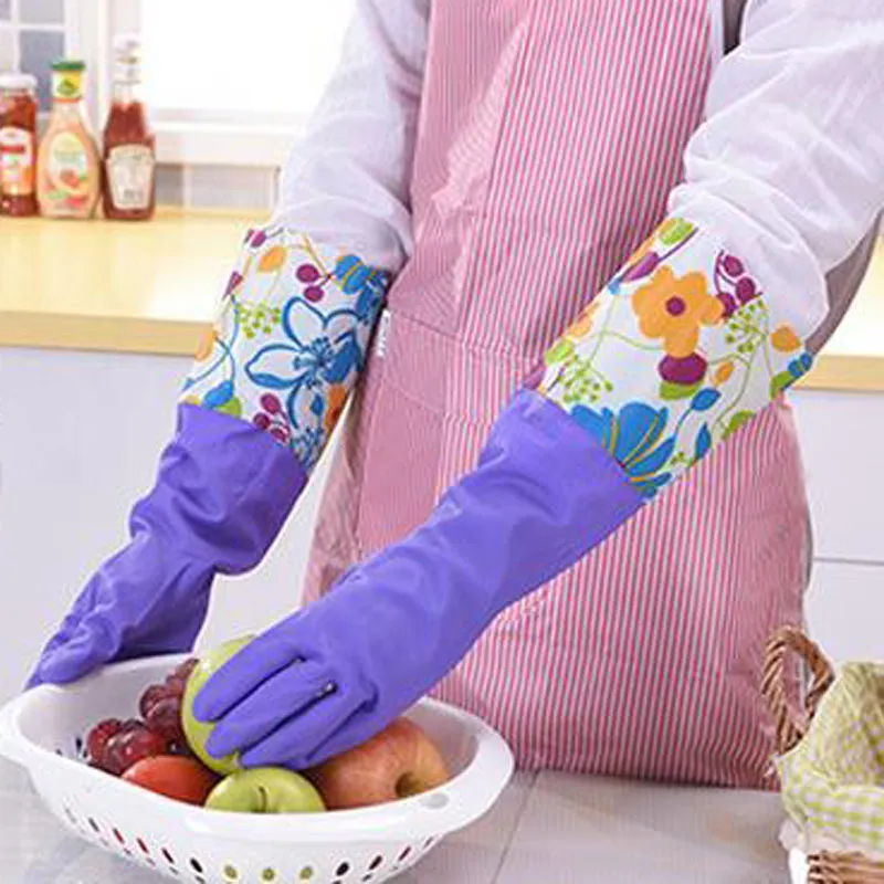 Thick Polar Fleece Inside Long Anti Cold Latex Gloves Cleaning Gloves Rubber Gloves for Gardening Dish Washing 