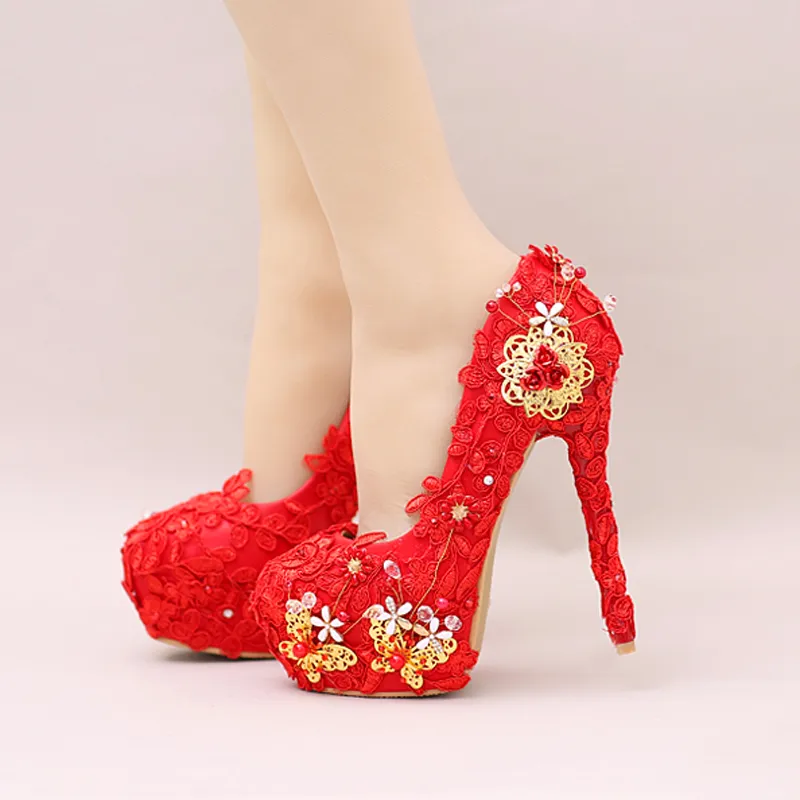 Fashion Red Lace Super High Heels Bride Shoes Butterfly Flower Wedding ...