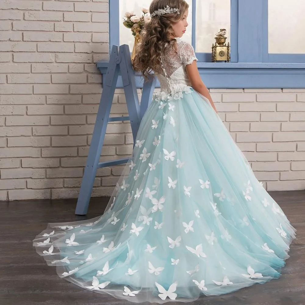 Robes de fille de fleur en dentelle Glitz avec manches courtes Appliques de papillon Graduation Girls Pageant Robe Sheer Back Boutons Robes de mariée pour enfants