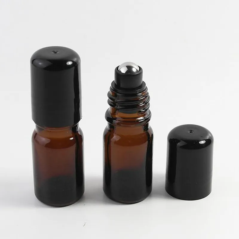 Amber Brown 5ml 1/6oz ROLL ON fragrance PERFUME bottle Thick GLASS BOTTLE ESSENTIAL OIL Aromatherapy bottle Steel Metal Roller ball F2017108