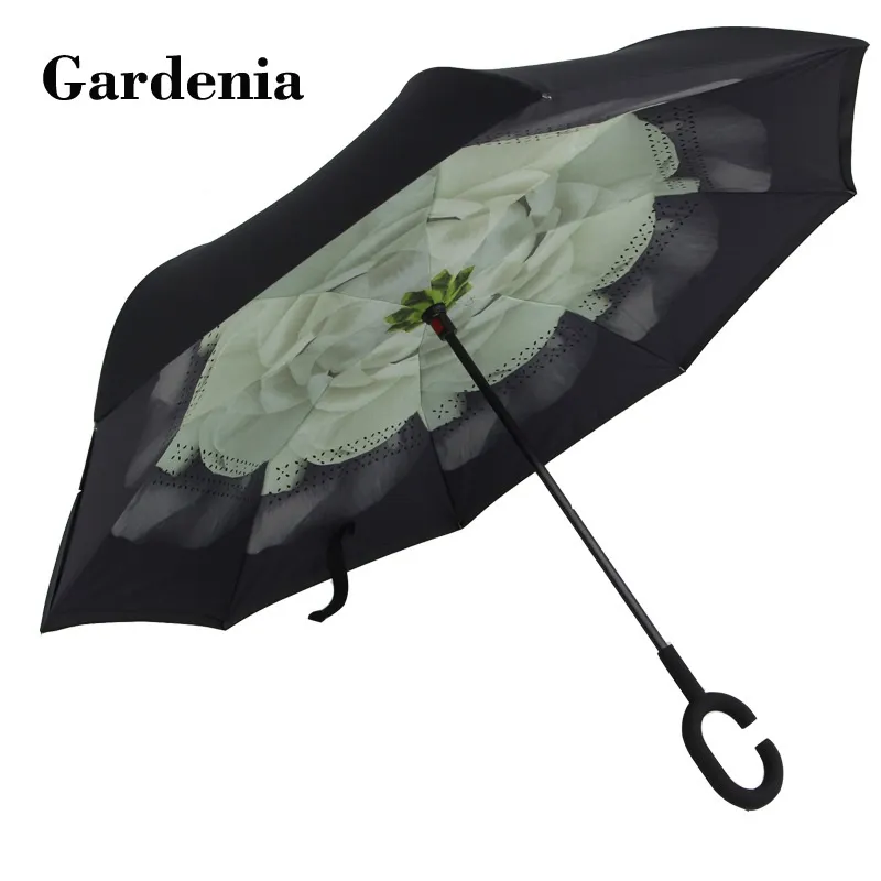 Self Standing Inside Out Inverted Umbrellas Double Layer Reverse Rainy Sunny Umbrella with C Handle wa3233