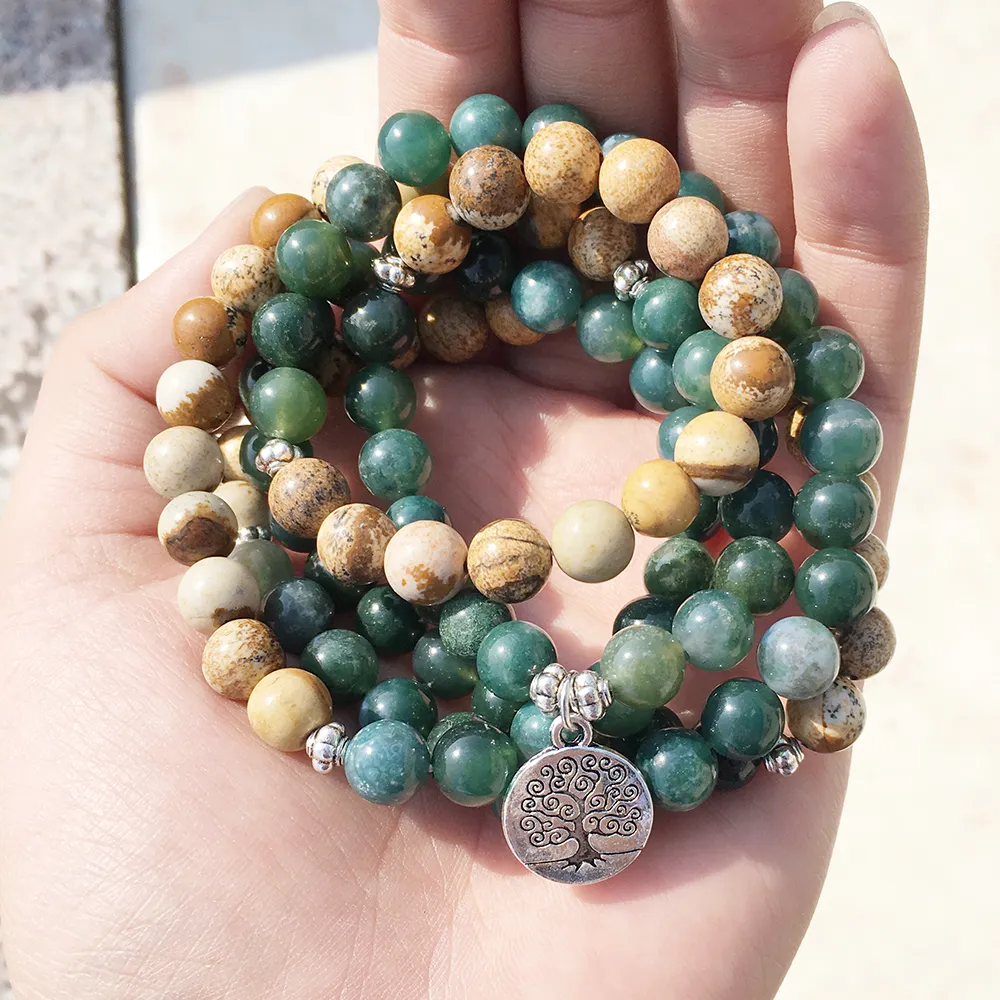 SN1005 Moss Agate Picture Jasper 108 Mala Beads Yoga Collana Albero della vita Mala Wrap Bracciale Tutto sulla natura e gioielli la meditazione