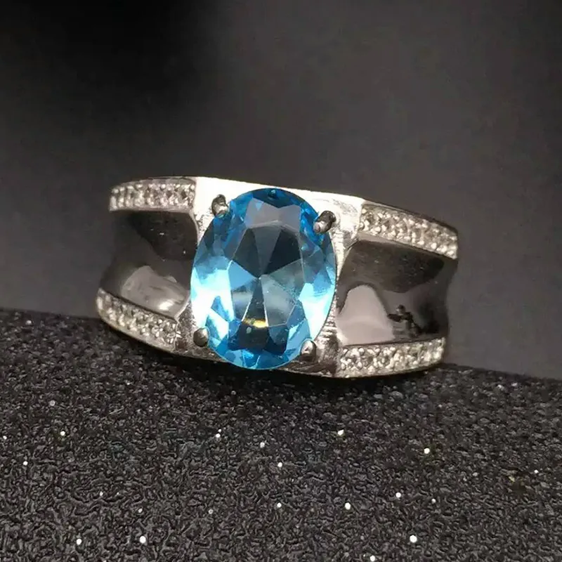 Mode Blauw Topaz Ring voor Man Solid 925 Sterling Silver Man Ring 100% Natural 8 * 10mm Topaz Man Classic zilveren sieraden