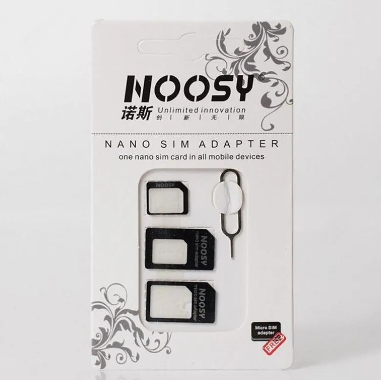 4 en 1 Noosy Nano Juegos de adaptadores de tarjeta Sim Herramientas de tarjeta Sim Micro estándar Pin de tarjeta SIM AndroidIphone con caja de venta al por menor 1000 Uds