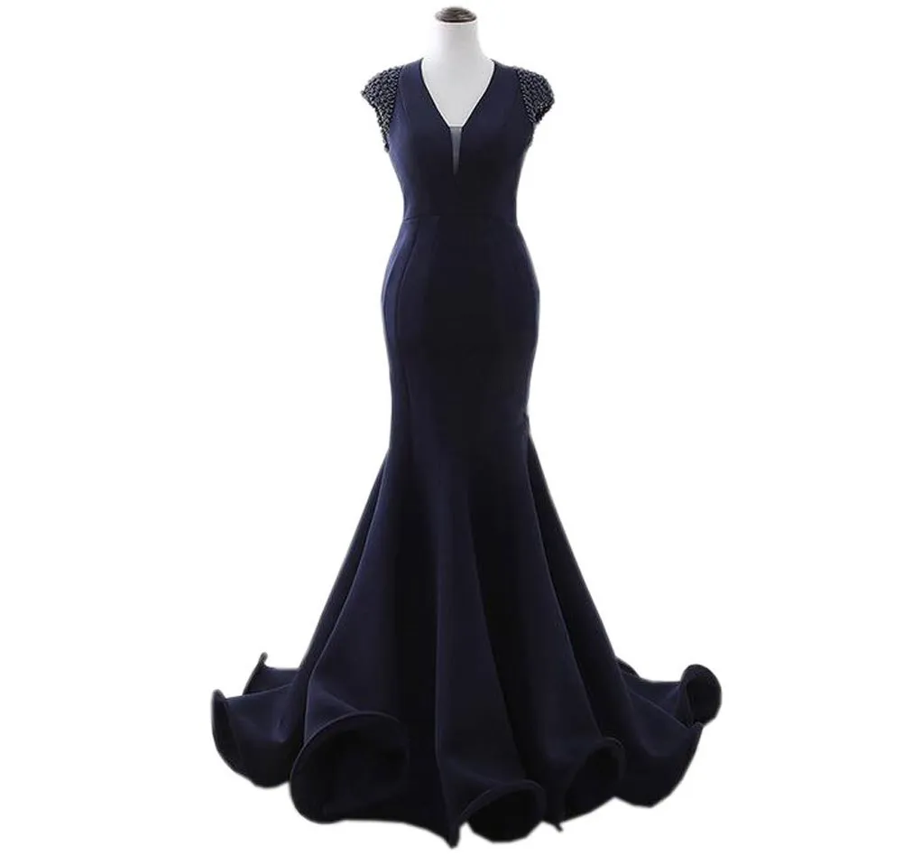 2017 Sexy Navy Blue V Neck Evening Prom Dresses Mermaid Cheap With ...