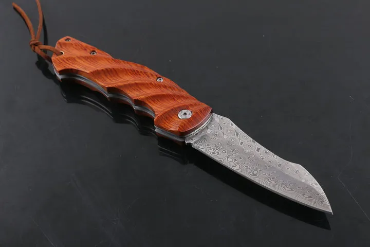 Swiss Damasco Steel Dobrável Faca Natural Ácido Wood Handle EDC Facas De Bolso Com Bainha De Couro