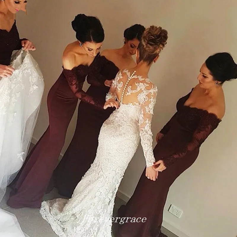 Tanie koronki Burgundia Mermaid Długim Rękawem Druhna Dress Otwórz Dress Dress Dress Wedding Guest Suknia Custom Made Plus Size