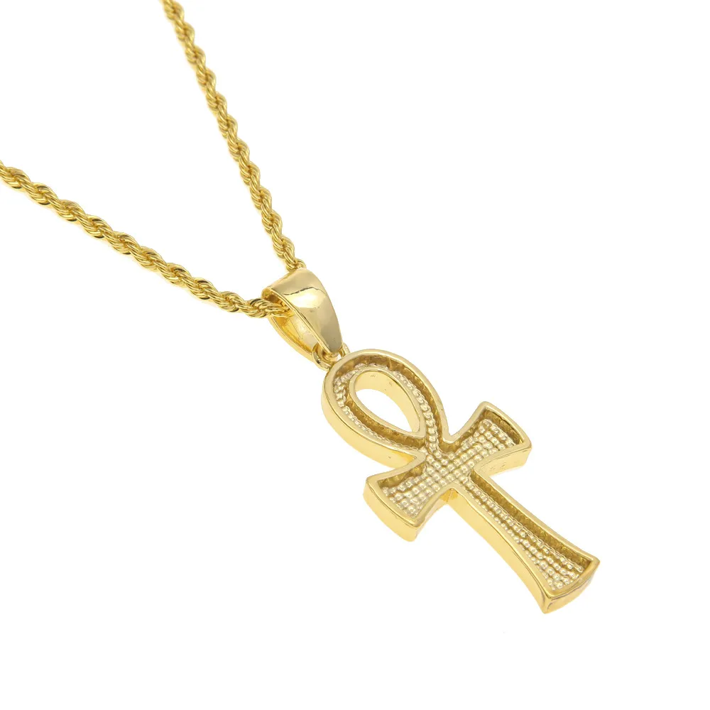 Ankh egípcio chave da vida banhado a ouro cruz pingente colar corrente charme completo strass luxo cruz pingente jóias drop shippin254r