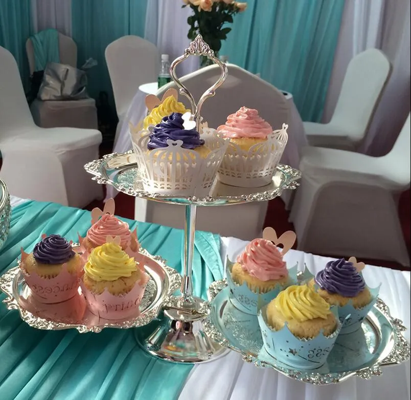 Plateau à fruits à Dessert à 2 couches, boulangerie en métal argenté de mariage, décoration de Dessert pour événement de mariage