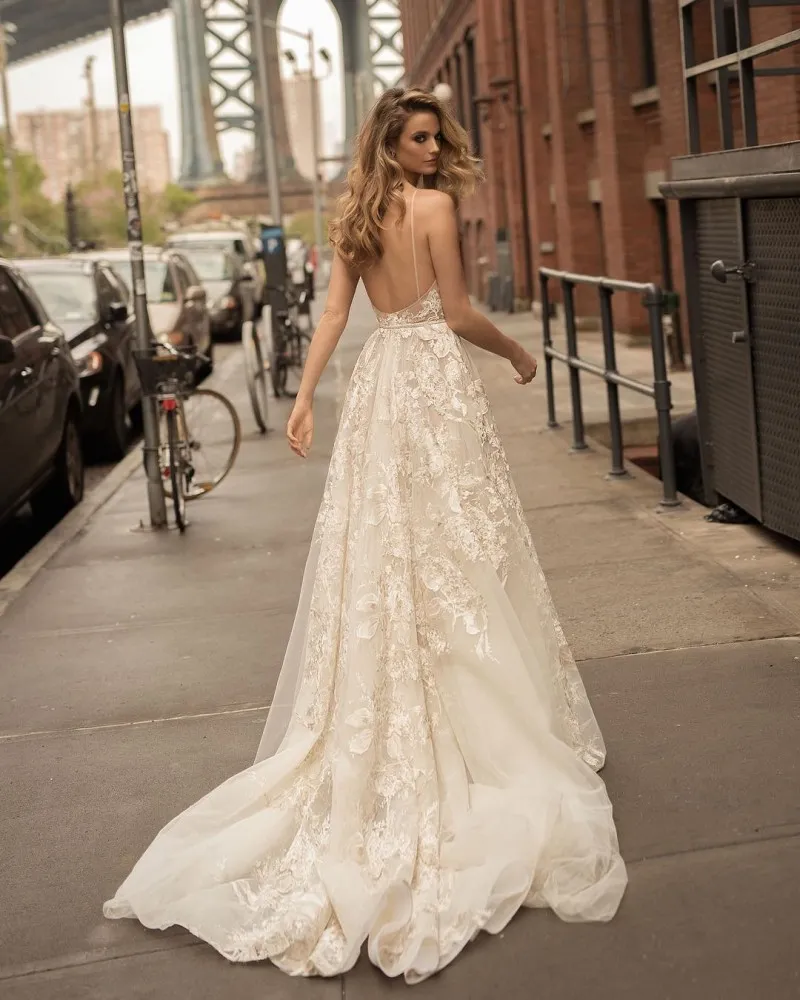 berta beach wedding dresses sexy spaghetti plunging neckline backless bridal gowns lace appliqued plus size wedding dress