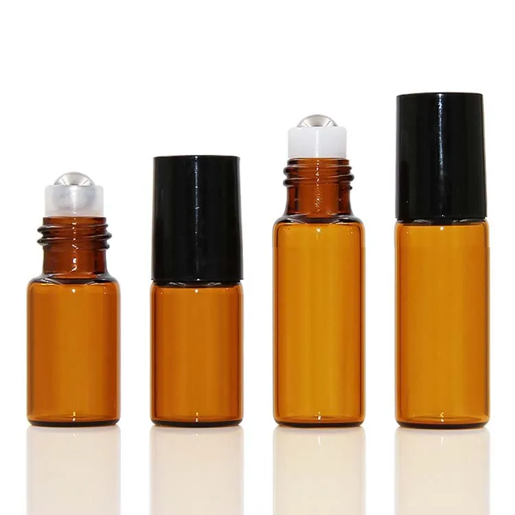 5ml 1 / 6oz bursztynowe szklane rolki na butelce Refillable Essential Oil Perfumy metalowe rolki rolki na butelce Czapka Podróż przenośna