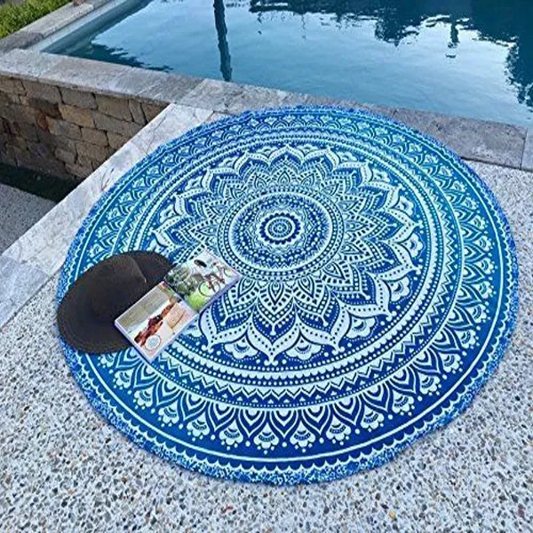 160cm Stor rund strandhandduk Blå Lotusblomma Swimming Badhandduk Blå Peony Serviette Indisk Mandala Tapestry Vägg Hängande Kasta Handduk