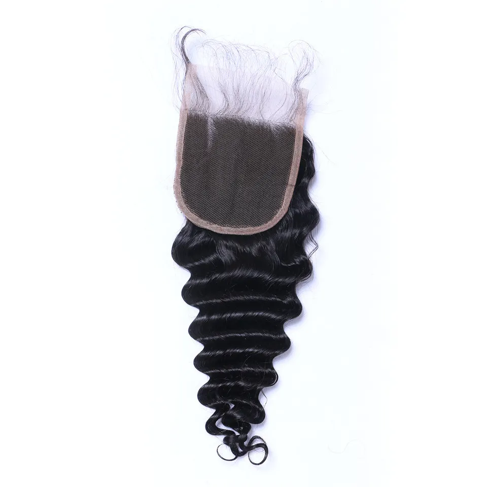 Fechamentos de laço de cabelo humano de onda profunda 4x4 Natural Natural Negro Branqueado nós pré-arrancados