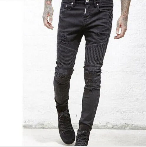 Men's Jeans clothing pants slp blue/black destroyed mens slim denim straight biker skinny jeans men ripped