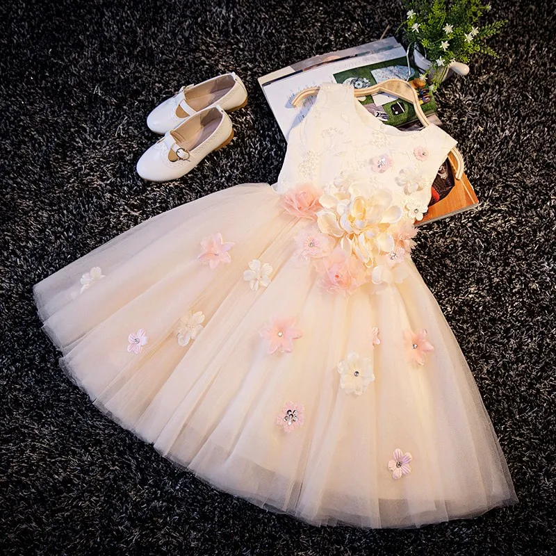 With Sequin Appliques Flower Girl Champagne Christening Wedding Party Pageant Dress Baby ball Gowns Child Bridesmaid Clothing
