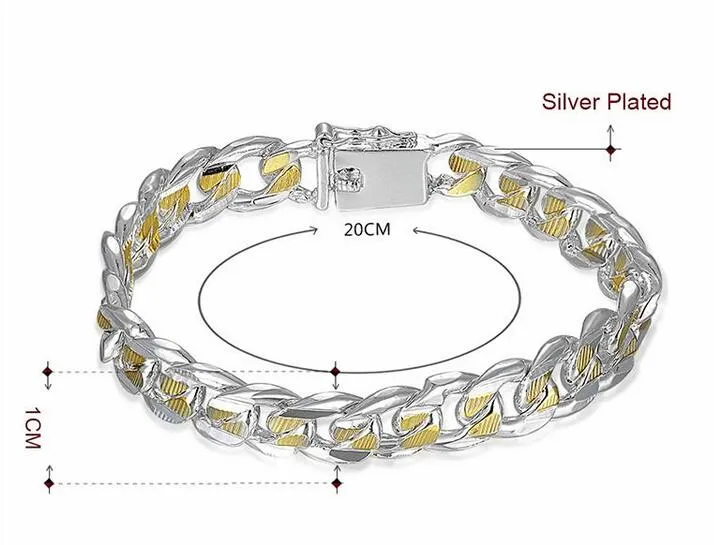 高品質のメッキ925シルバーフィガロチェーンブレスレットゴールデン10mmx20cmファッションジュエリー男性用送料無料