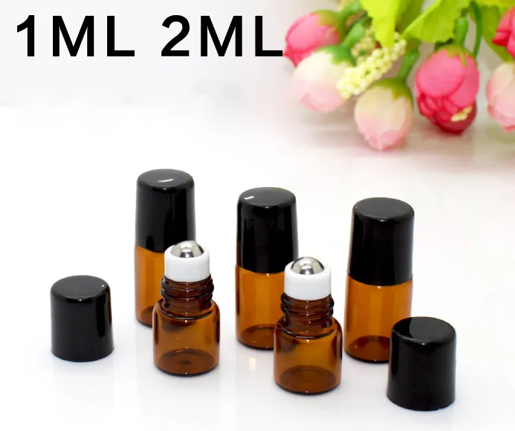 2020 Hot Selling Amber 1ml 2ml 3ml 5ml 10 ml glasrullflaskor med rostfritt stålkula för eterisk olja / gratis dhl