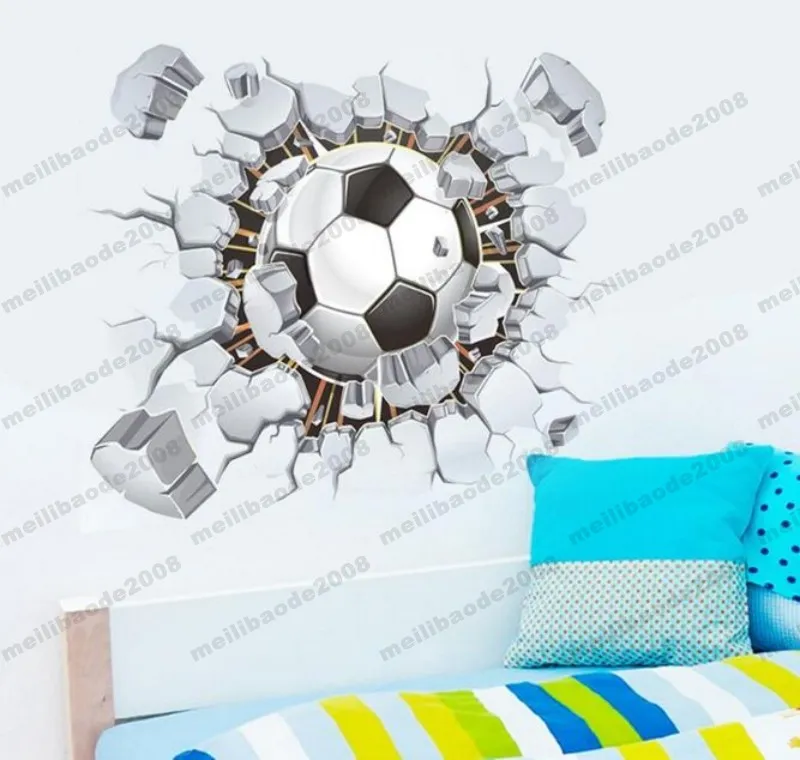 NEW 3d Football Soccer Playground Broken Wall Stickers Hole view quote goal home decals wall for kids rooms boy sport wallpaper