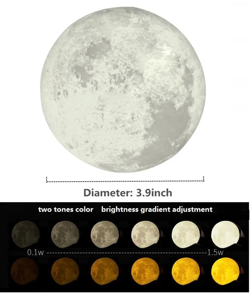 luce Stampa 3D Lampada a forma di luna Controllo interruttore tattile Luminosità Colore caldo/freddo Artigianato portatile Diametro 3,9 pollici