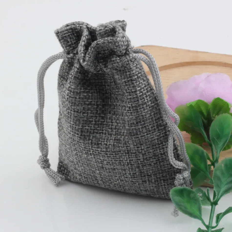 50pcs Gray Linen Fabric Drawstring bags Candy Jewelry Gift Pouches Burlap Gift Jute bags 7x9cm /10x14cm /13x18cm /15x20cm