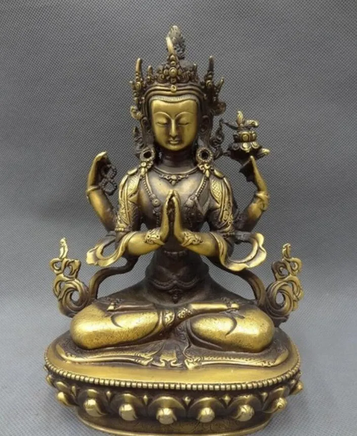 Tibet Bronze Gold Churi Price Buddhist Kwan Yin Goddess Lotus 4 Arms