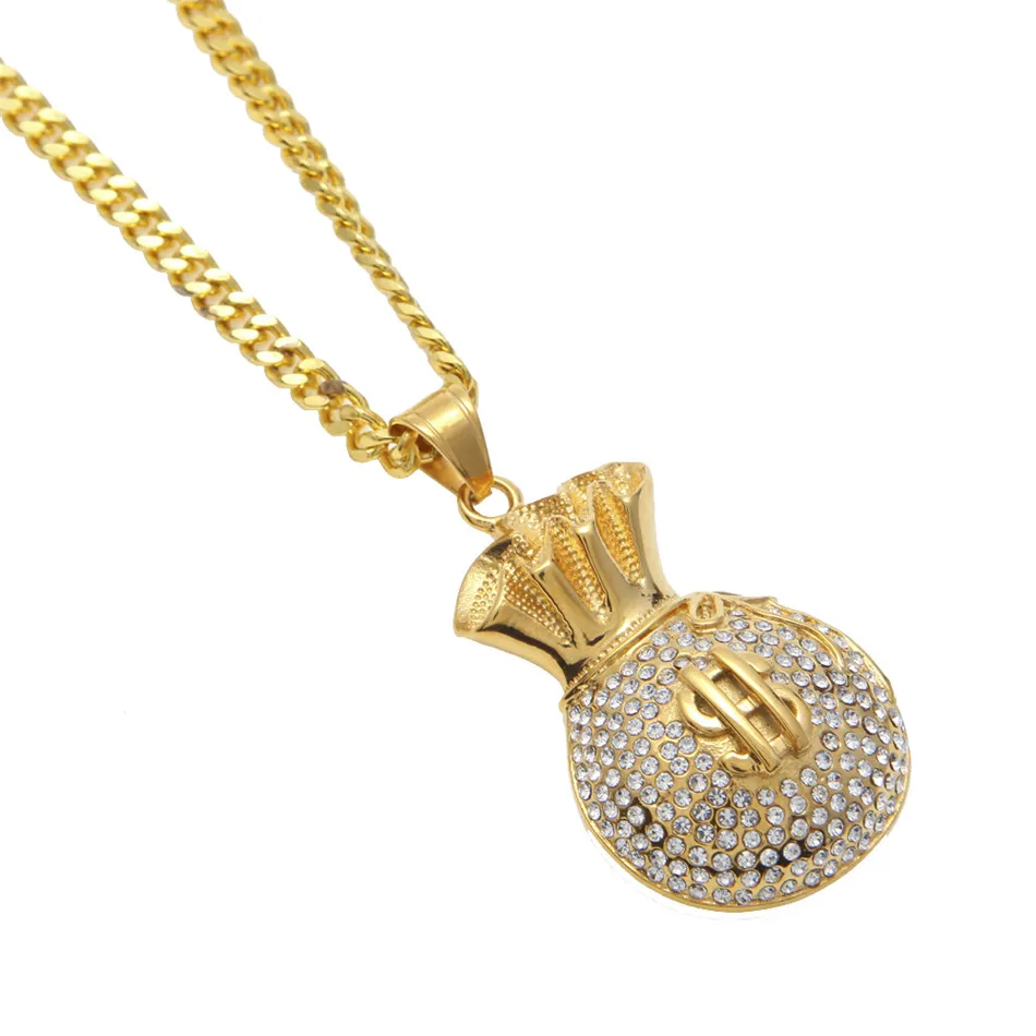 Hombres Hip hop Dólares EE. UU. Monedero Colgante de acero inoxidable Iced Out Bling Rhinestone Crystal Gold Colgante Necklace Punk Jewelry
