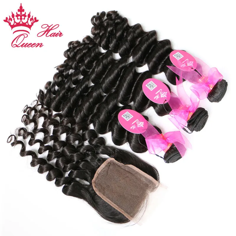 Queen Hair More Wave Lace Closure With Bundle,Brazilian Virgin Human Hair Extensions 10"-28" DHL Shipping