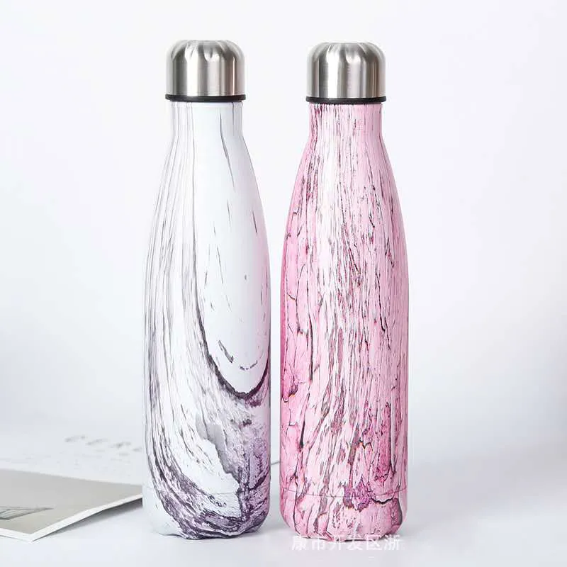 Neueste kreative Holzmaserung Cola Cup 500ml Edelstahl Isolierschalen Isolierte Vakuum-Wasserflaschen