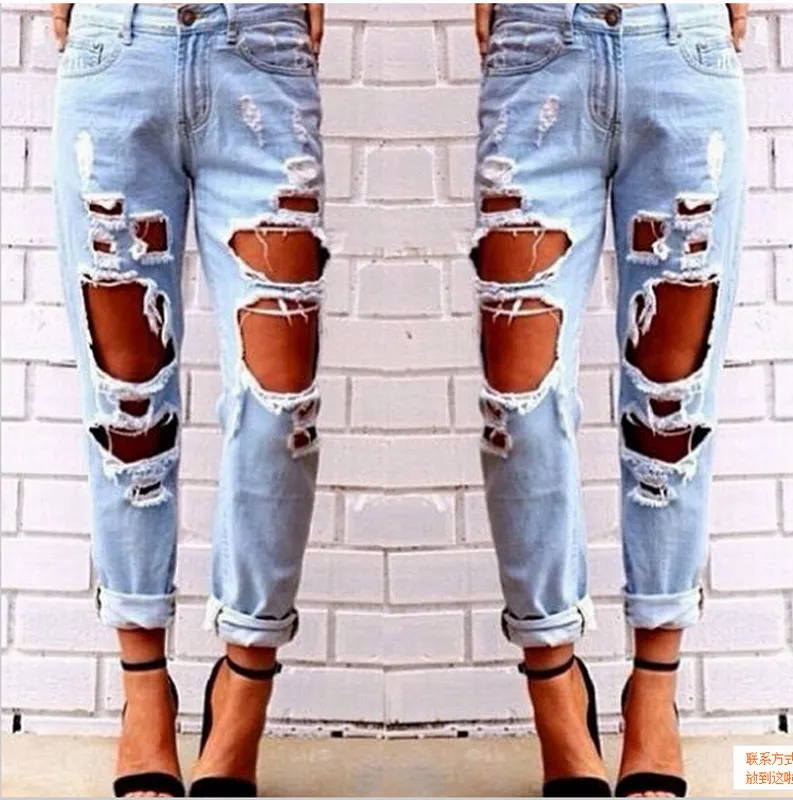 Ripped Jeans Denim Joggers Knee Holes Slim Fit Jeans For Women Blue Rock Star Womens Jumpsuit Destroyed Boyfriend Pencil Pants Straight leg jeans