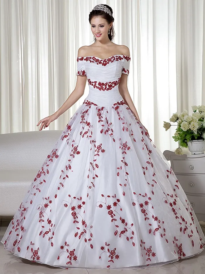 Abiti da sposa colorati rossi e bianchi 2020 Abito da ballo con spalle scoperte Corsetto ricamato con perline Indietro Principessa Abiti da sposa non bianchi colorati