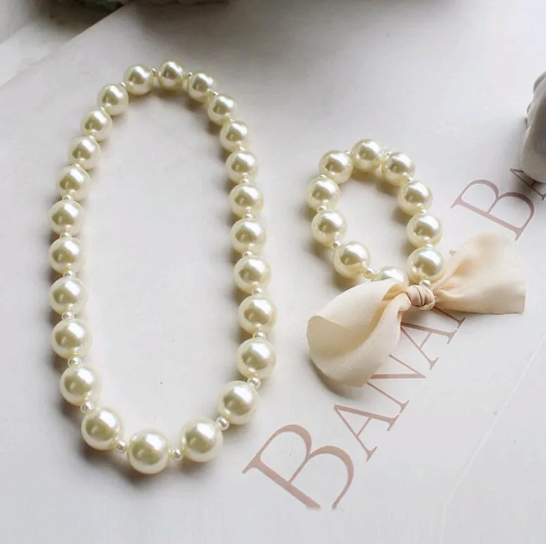 Korean Pearl Necklace Bracelet Set for Kids Baby Girls Exaggerated Big Beads Jewelry Sets White Color Children Gifts Wholesale