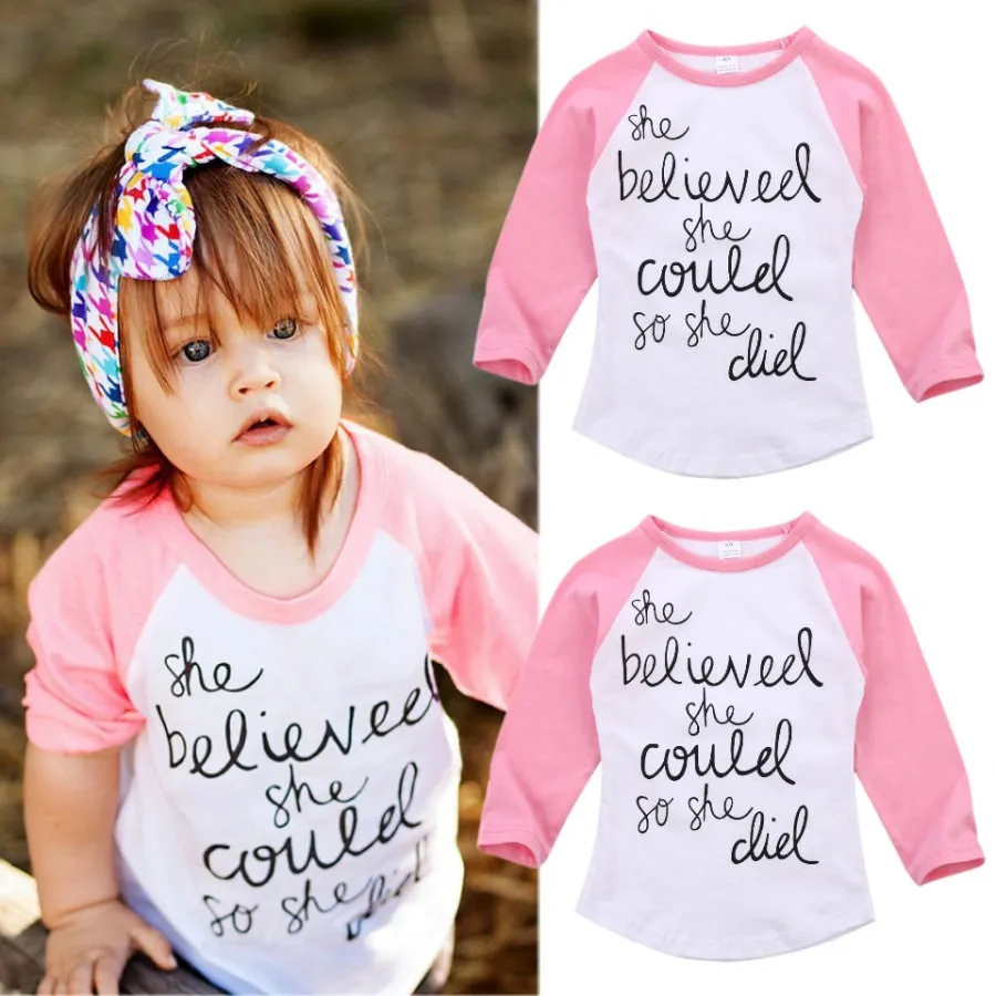 2017 Pink Long Sleeve White T-shirt Inspirational Letter Print Fashion Baby Girl Clothes Kid Clothing Cotton Toddler Top 2-7T Factory Tops