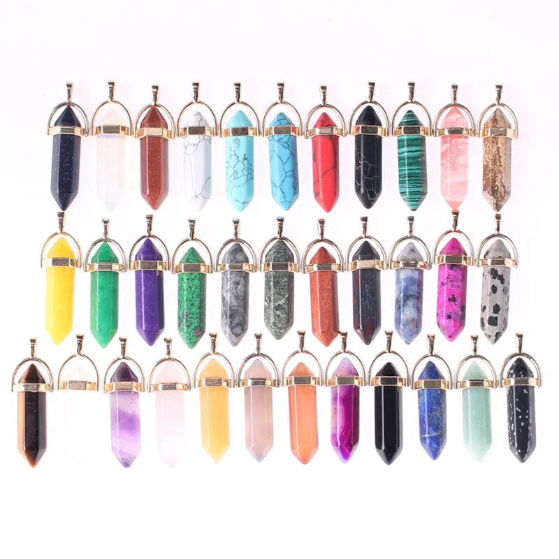 New Sale Gems Faceted Hexagon Sacred Pendants Bulk,Natural Raw Crystal Stones Electroplated Gold Loop Spike Stick Points Mala Yoga Pendant