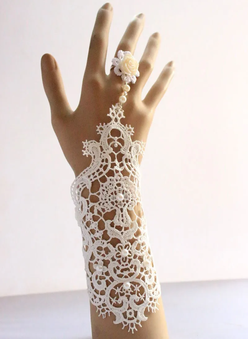 Nouveau Design dentelle perle blanc noir gants de mariage gants de mariée arc sans doigts longueur de poignet gant accessoires de mariage 1486704