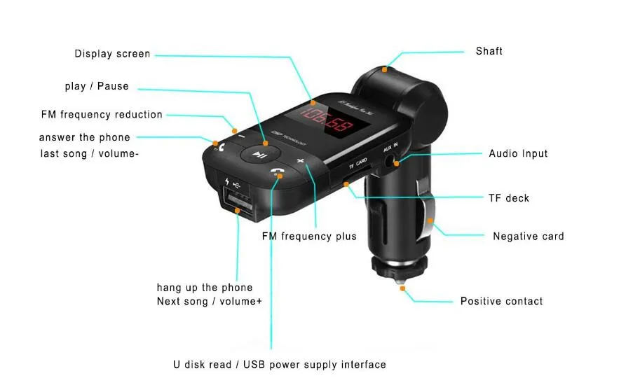 BT26 Car Kit mains libres Bluetooth pour voiture Transmetteur FM sans fil MP3 Chargeur allume-cigare pour iPhone 7 Samsung HTC Android Lecteur audio MP3