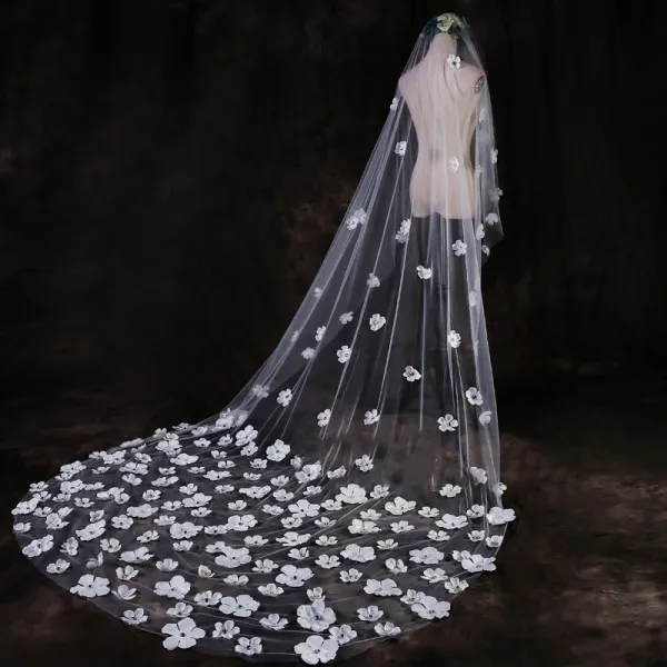 2019 mode brudslöjor 3d blommiga applikationer katedralen längd bröllop slöja pärla ett lager tulle brud tillbehör 3m lång sikt